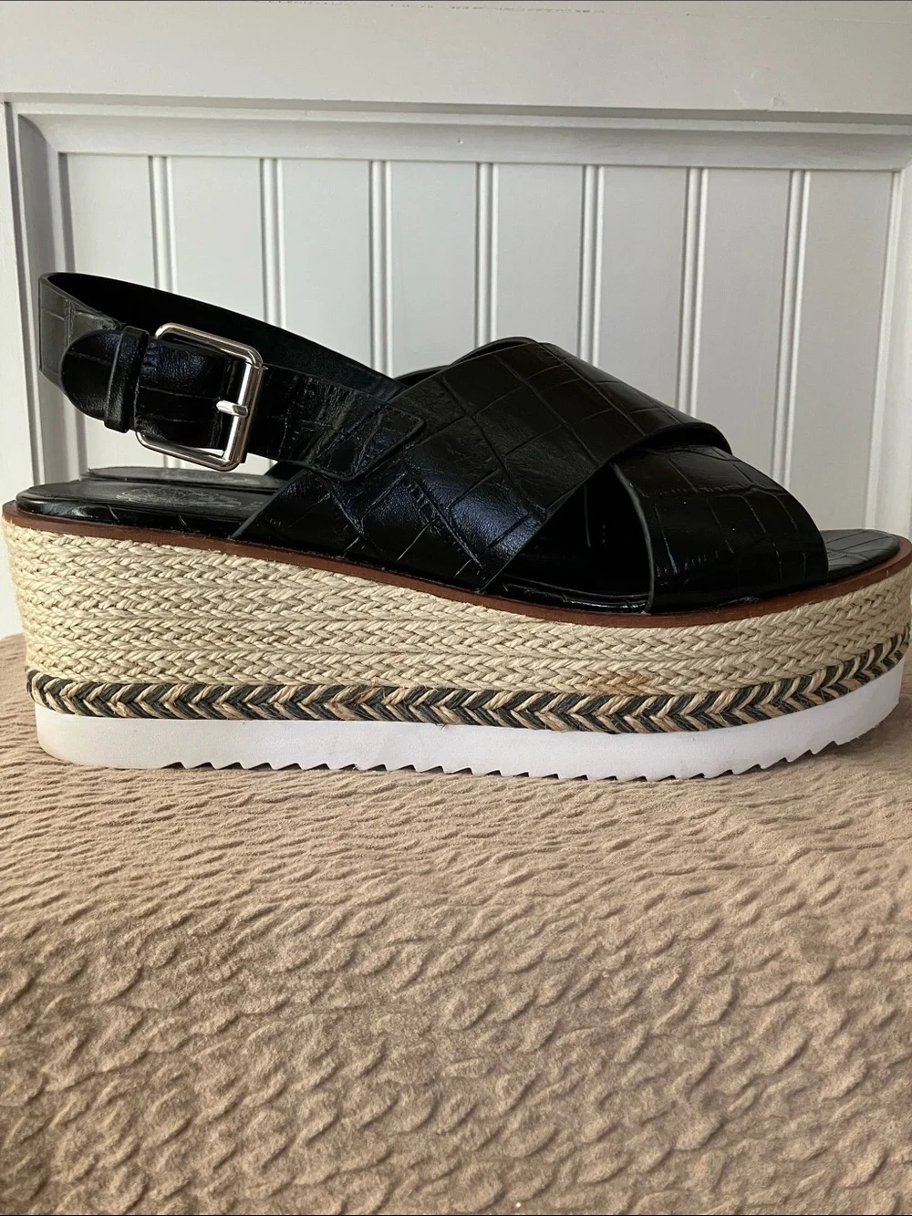 Vince Camuto Marietten Black Croc Embossed Platform Espadrille Sandals 10 Chic